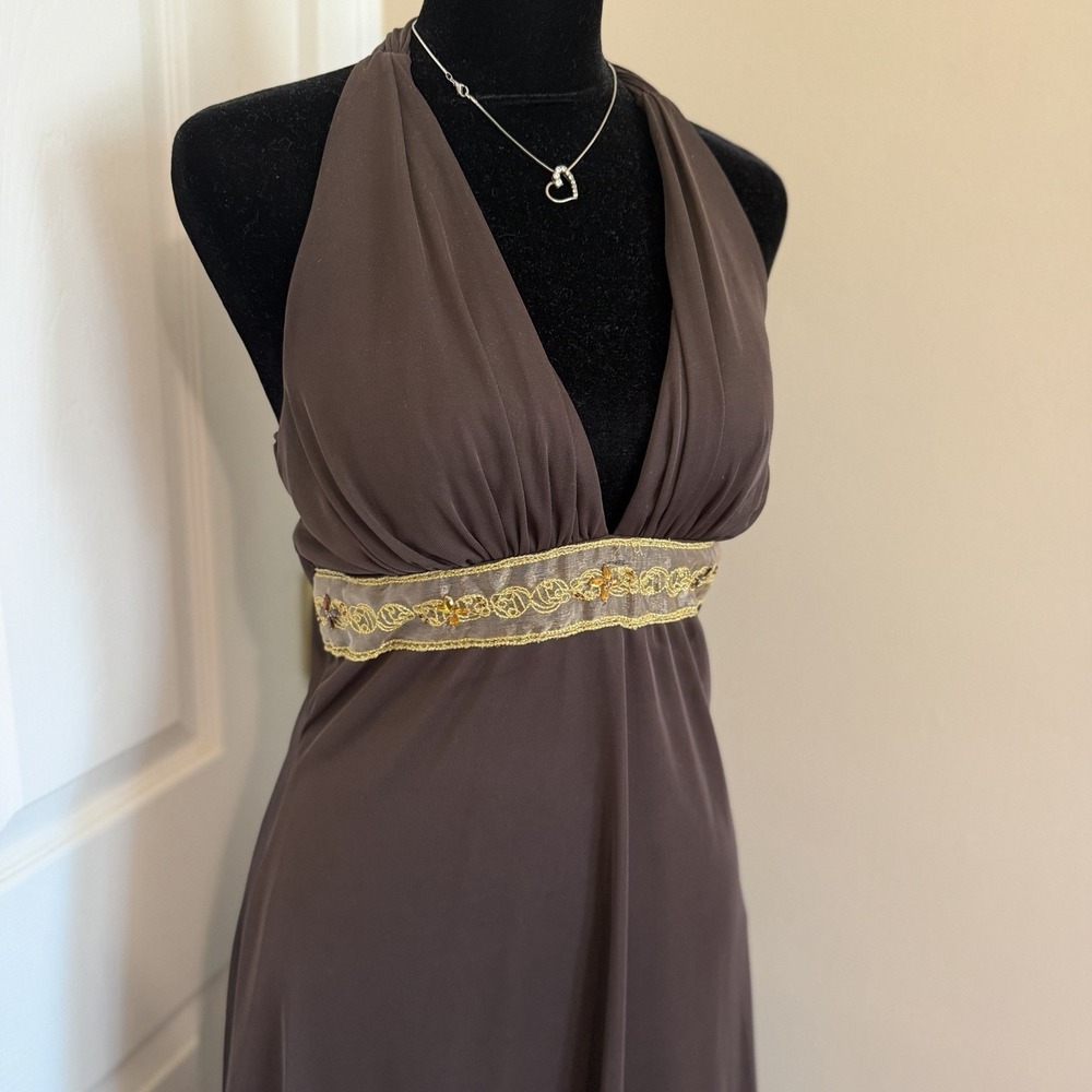 Y2K Venus USA Women's Brown Midi Halter Dress Lace Rhinestone Trim (M) VTG Bratz - Picture 2 of 6
